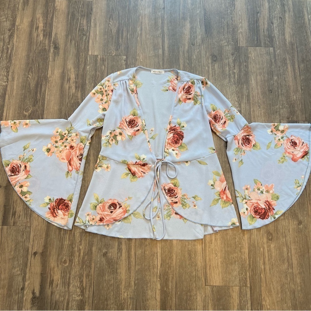 Miley+Molly Floral Blue Peplum Tied up Top Blouse Long Flare Sleeve Summer Y2K S - Picture 6 of 13